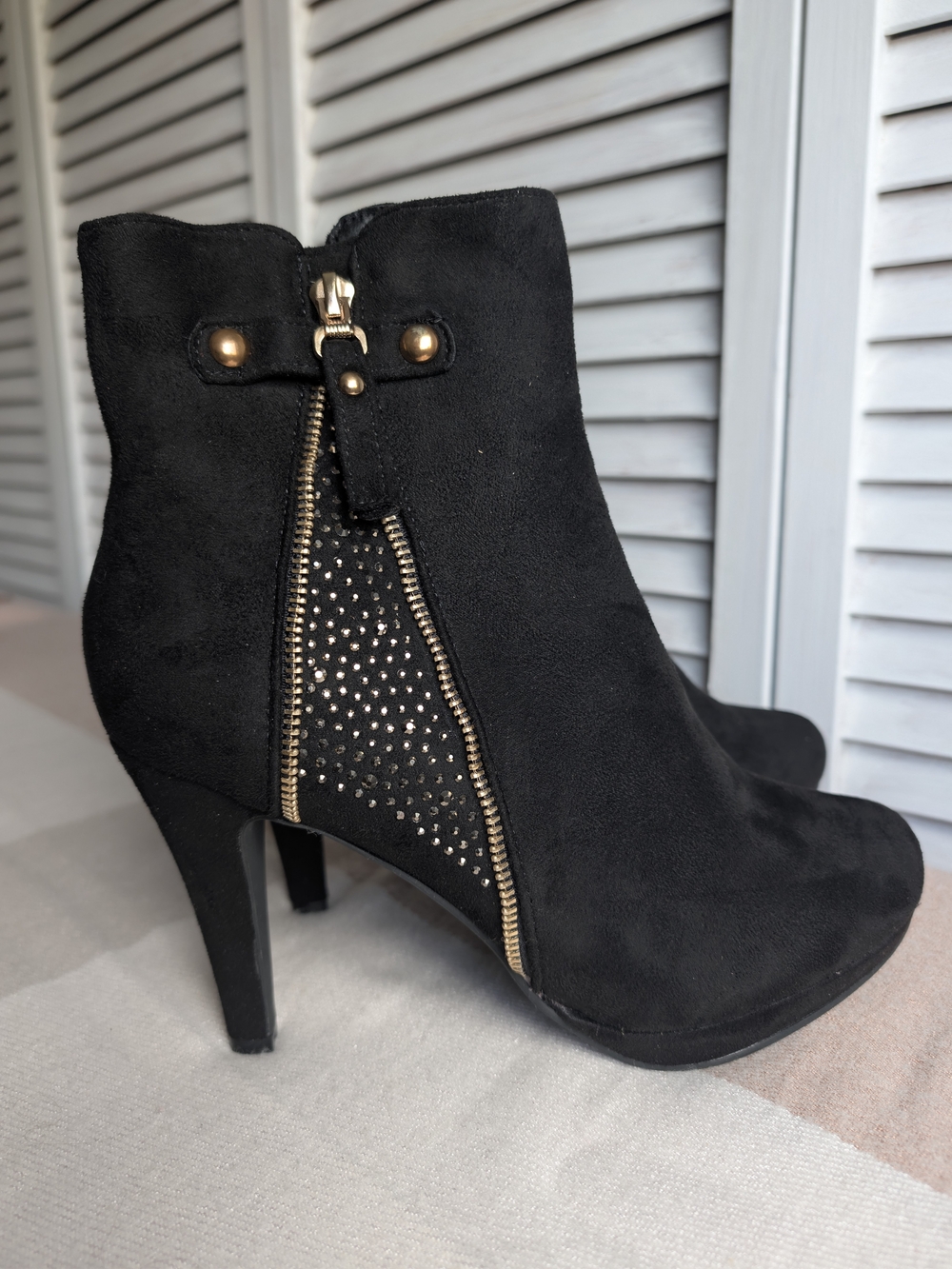 Black Suede Ankle Boots with Gold Zip & Stud Detail